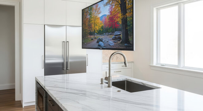 Modern kitchen interior featuring sleek marble countertop, stainless steel appliances, and a large wall-mounted television displaying a scenic autumn landscape with vibrant colors