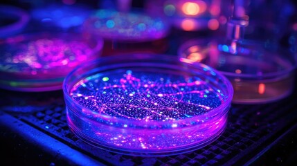 Fluorescent Samples In Petri Dishes Under Lab Light