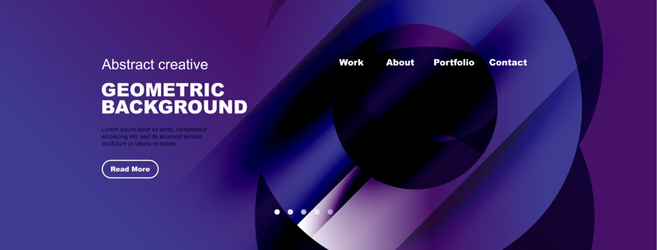 Modern website design. Purple gradient shapes create abstract background. Navigation includes work, about, portfolio, contact options.