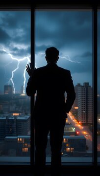 Businessman silhouette watching lightning storm from office window at night concept