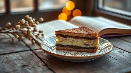 Delicious chocolate cake slice dessert recipe with book on wooden table cafe food
