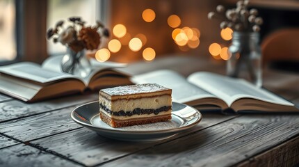 Delicious cake dessert on plate with books and flowers for cozy afternoon treat time