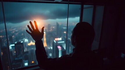 Man looking at city skyline at night from high rise apartment with hand on window pane