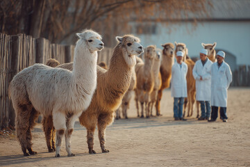 Farmers care for llamas on a sunny day at an animal farm near the town of Greenfield in the afternoon