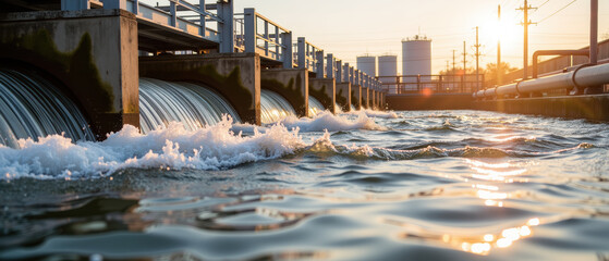 Water treatment facility flowing water industrial infrastructure sunset waves purification process environmental engineering urban landscape