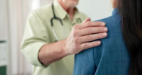 Doctor, hand and patient shoulder with empathy in office for comfort, recovery support and discussion. Healthcare worker, people and advice in consultation for compassion, understanding and kindness.