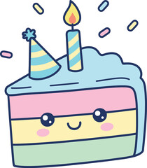 Birthday Cake Sticker | Cute Kawaii Cake Slice with Candle and Party Hat Vector