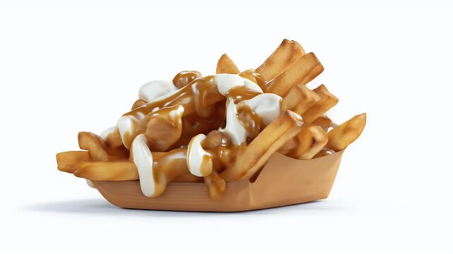 Delicious Poutine Fries with Gravy and Cheese Curds.