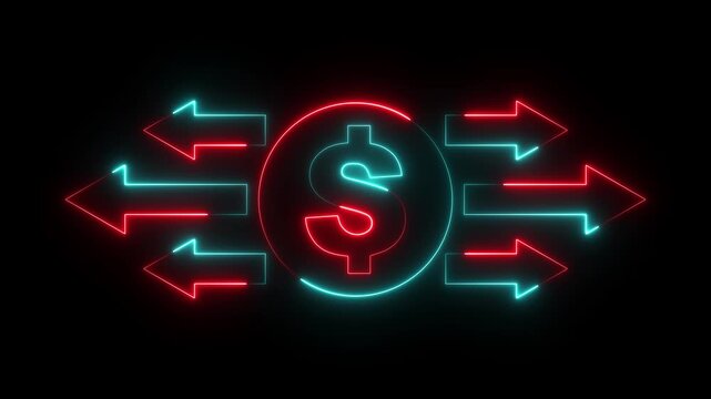 Neon dollar icon with Left and right arrow sign animation. US dollar sigh motion. Currency video footage.