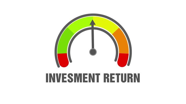 Animated investment return meter showing movement from high level to low level for illustrating financial decline, market loss and profit reduction concepts