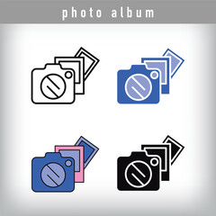 Four different simple photo album logo designs. Silhouette, color, and linear technology set.