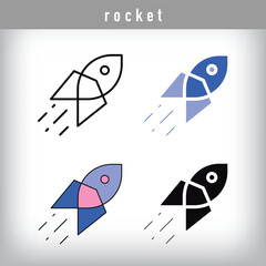 Four different simple rocket logo designs. Silhouette, color, and linear technology set.