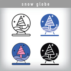 Four different simple tree-themed snow globe logo designs. Silhouette, colorful, and linear Christmas ornament set.