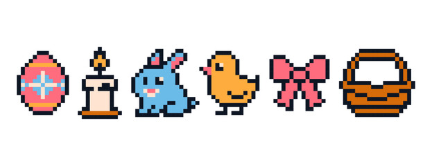 Easter icons set in pixel art design. 8-bit vintage video game style decorations pack. Cute holiday stuff.