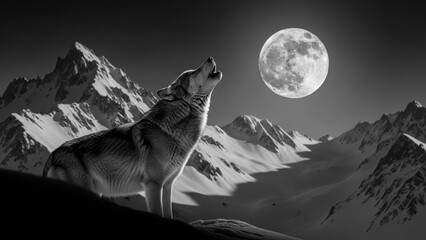 Wolf howling at the full moon in snowy mountain landscape