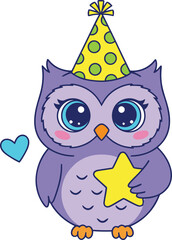 Cute Birthday Owl Vector | Kawaii Purple Bird Character with Party Hat and Star Sticker
