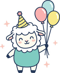 Birthday Sheep Vector | Cute Kawaii Lamb Character with Balloons and Party Hat Clipart
