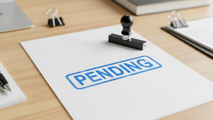Pending stamp on office desk with paperwork and stationery