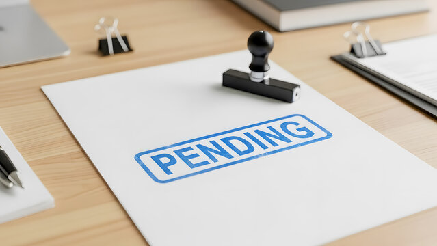 Pending stamp on office desk with paperwork and stationery