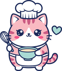 Kawaii Cat Chef Sticker | Cute Pink Kitten Baking Vector for Bakery Logo and Menu Design