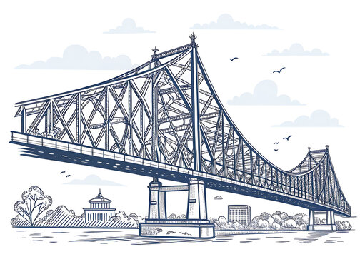 Kolkata Howrah Bridge, line-art vector style