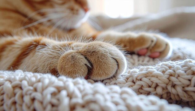 Close Up Cat Paw Resting on Soft Fabric in Calm Domestic Moment - Powered by Adobe