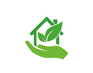 A green hand cradles a stylized house containing vibrant leaves. The simple design emphasizes nature and home