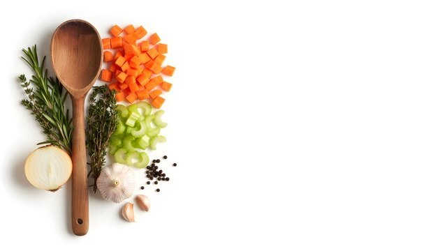 Wooden spoon with fresh chopped vegetables and herbs ingredients for cooking soup or stew isolated on white background