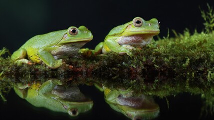 Two bright green frogs on mossy branch