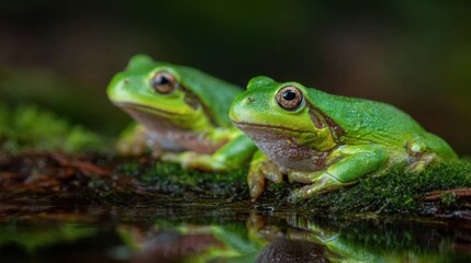 Naklejka premium Two Green Frogs Resting on Mossy Log