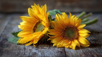 Two yellow sunflowers on weathered wooden surface