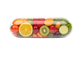Sectioned capsule displaying oranges kiwi strawberries and assorted produce, isolated on a transparent background