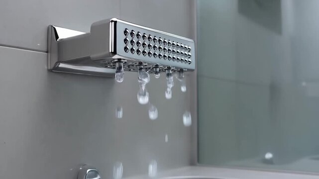 Modern chrome bathroom shower head with flowing water drops mounted on gray tiled wall, clean minimal interior with soft light and copy space. Concept of hygiene and daily routin