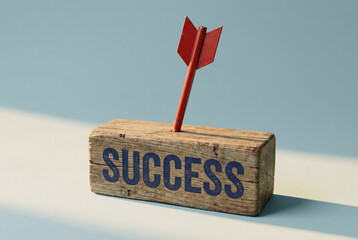Success target concept with red arrow hitting wooden block typography on blue background for business goal achievement.