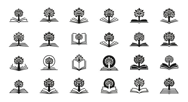 Monochromatic vector glyph set showcasing diverse tree-of-knowledge book logos in black and white