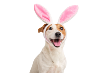 Cheerful white dog wearing pink bunny ears Easter headband, isolated on a transparent background