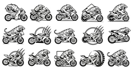 Monochrome assortment of stylized tiger rider emblems and motorcycle silhouettes designs © punduh