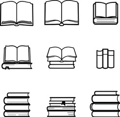 Book icon set with open, stacked, bookmarked, and upright styles in black-and-white outline design