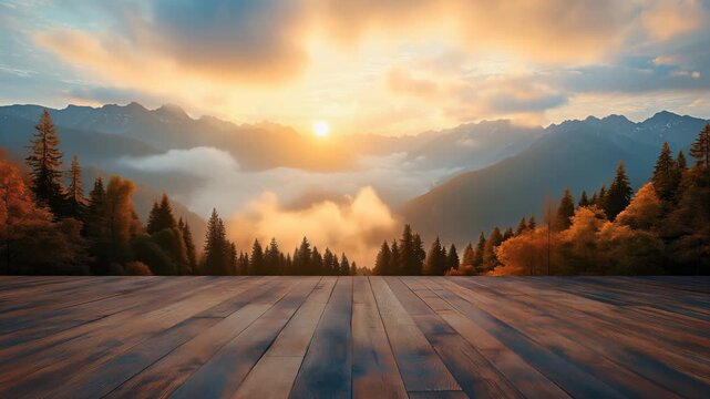 Sunrise over misty mountain valley from wooden deck, warm golden clouds drifting above autumn forest
