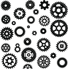 Gear and cogwheel icon set with varied silhouettes for mechanical, engineering, and industrial design themes