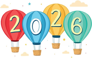 Colorful hot air balloon icon set forming 2026 with clouds and stars for New Year celebration and festive themes