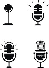 Microphone icon set with classic, vintage, active, and waveform styles for audio, recording, and broadcast themes