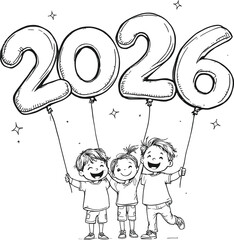 Children holding 2026 number balloons with stars in festive black-and-white style for New Year celebration themes