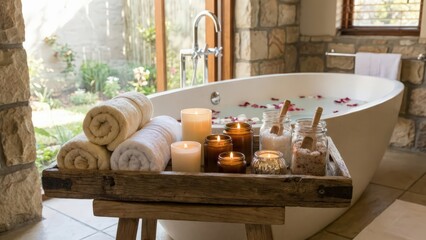 Luxurious bathroom setting featuring a freestanding bathtub surrounded by candles, towels, and natural elements, creating a serene atmosphere for relaxation and self-care in a tranquil environment