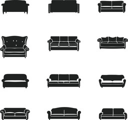Sofa icon set with varied silhouette styles showing cushions, armrests, and backrests for furniture themes