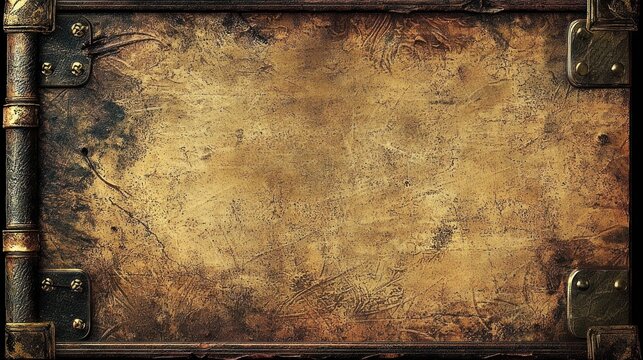 Aged leather book cover with metal corners and spine.