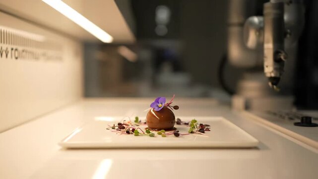 Robotic arm delicately plating gourmet dessert, modern technology