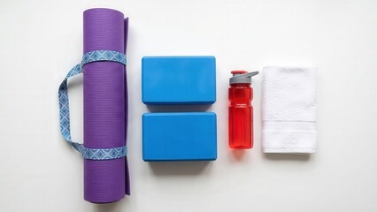 Collection of yoga essentials featuring a purple mat, two blue blocks, a red water bottle, and a white towel, all arranged on a light background, promoting a calm and organized fitness atmosphere