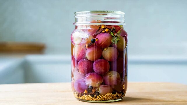 Pickled grapes in glass jar with vinegar brine, whole fruit with mustard seeds peppercorns dill, glossy garnish for cheeseboard appetizer, fermentation on kitchen counter, culinary craft