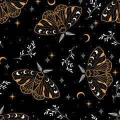 Vector seamless pattern with moon moth and stars. Contemporary composition. Trendy texture for print, textile, packaging.
